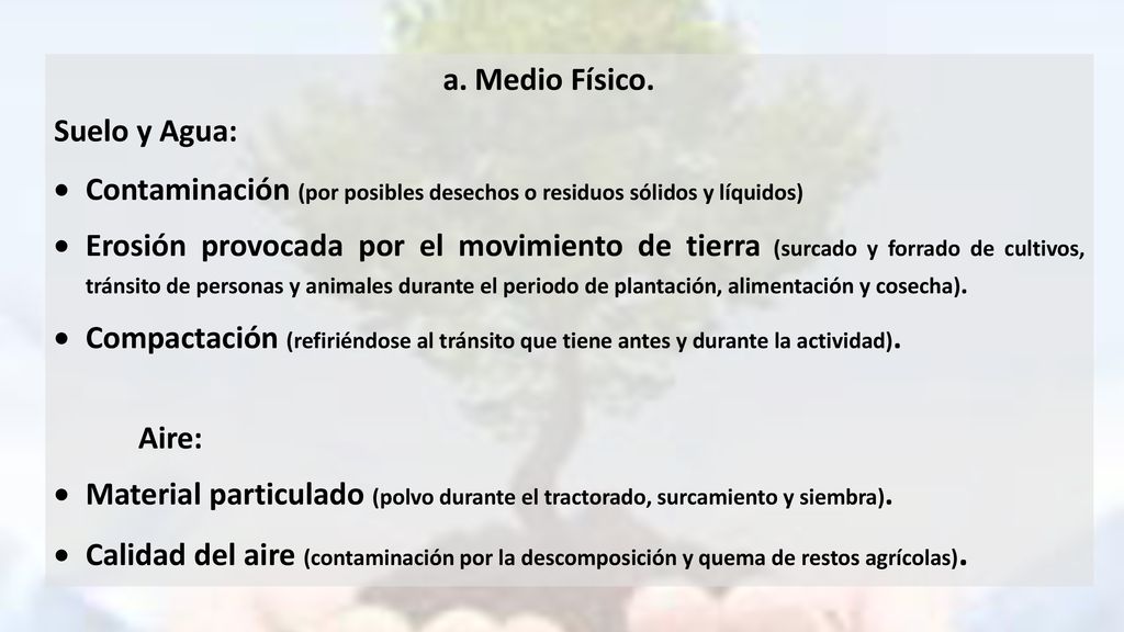 Contaminación (por posibles desechos o residuos sólidos y líquidos)