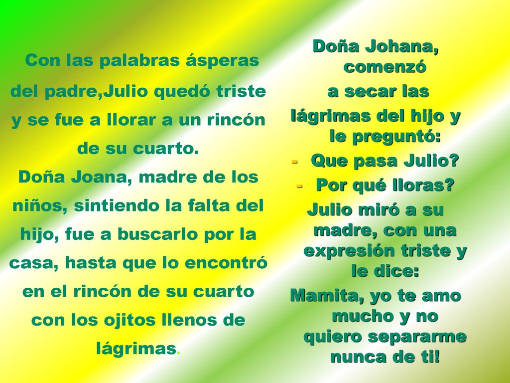 Con las palabras ásperas del padre,Julio quedó triste y se fue a llorar a un rincón de su cuarto.