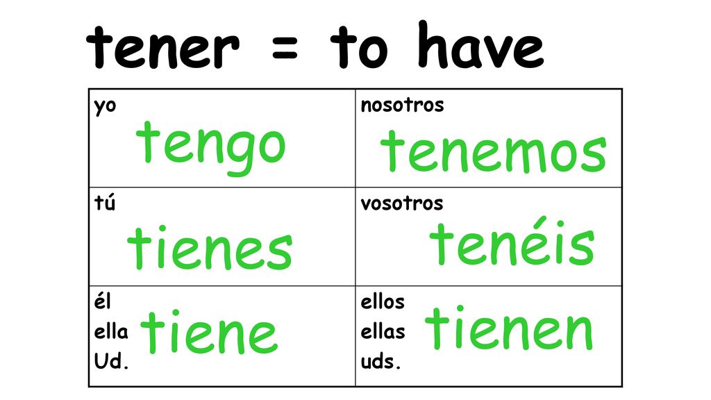 tener = to have tengo tenemos tenéis tienes tienen tiene yo nosotros
