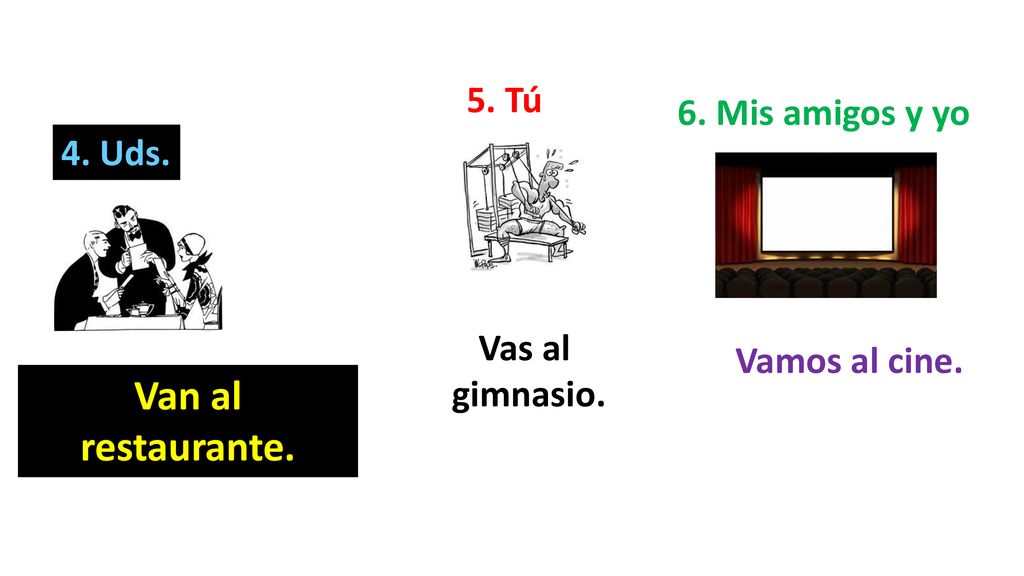 Van al restaurante. 5. Tú 6. Mis amigos y yo 4. Uds. Vas al