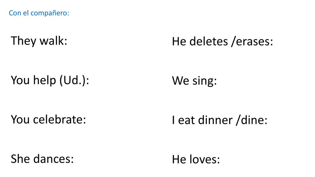 They walk: He deletes /erases: You help (Ud.): We sing: You celebrate: