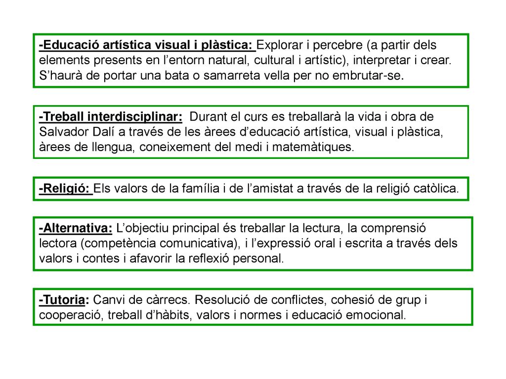 -Educació artística visual i plàstica: Explorar i percebre (a partir dels elements presents en l’entorn natural, cultural i artístic), interpretar i crear.