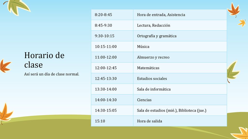 Horario de clase 8:20-8:45 Hora de entrada, Asistencia 8:45-9:30