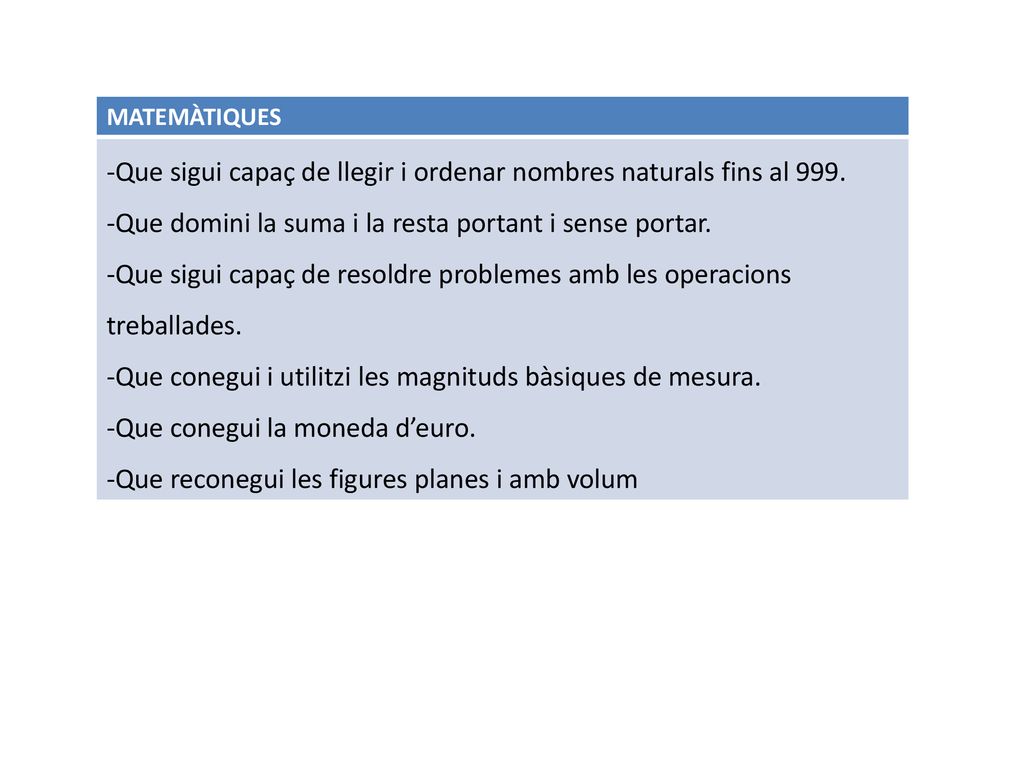 Que sigui capaç de llegir i ordenar nombres naturals fins al 999.