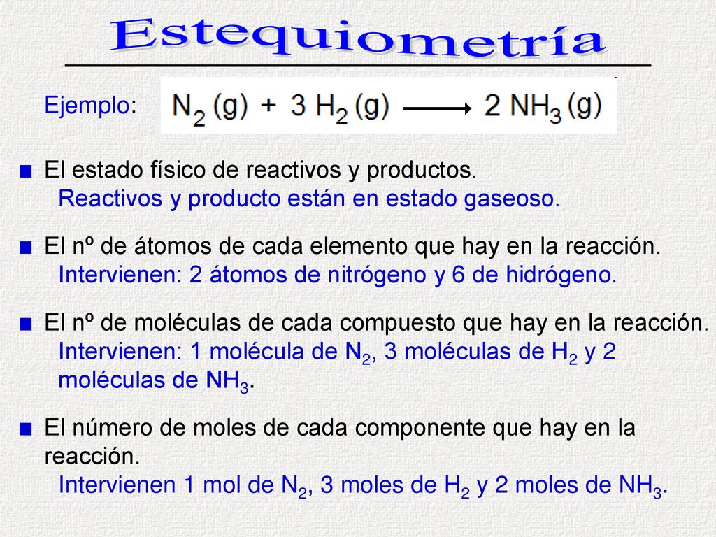 Estequiometría Ejemplo: El estado físico de reactivos y productos.
