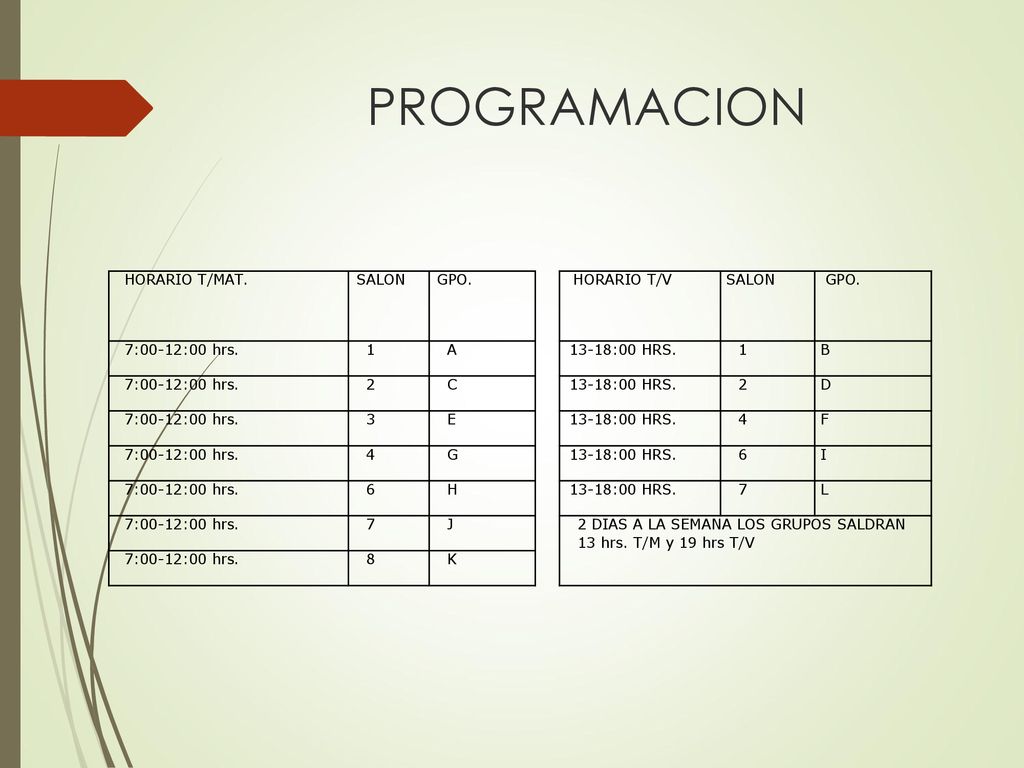 PROGRAMACION HORARIO T/MAT. SALON GPO. HORARIO T/V 7:00-12:00 hrs. 1 A