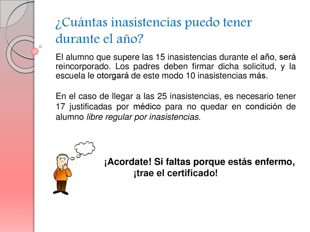 ¡Acordate! Si faltas porque estás enfermo, ¡trae el certificado!
