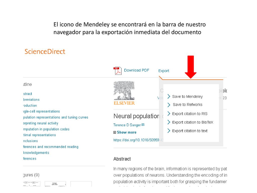 El icono de Mendeley se encontrará en la barra de nuestro navegador para la exportación inmediata del documento