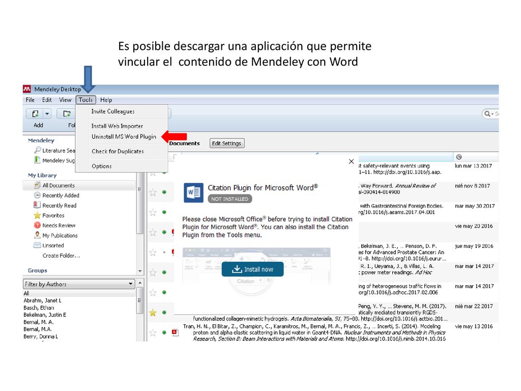 Es posible descargar una aplicación que permite vincular el contenido de Mendeley con Word