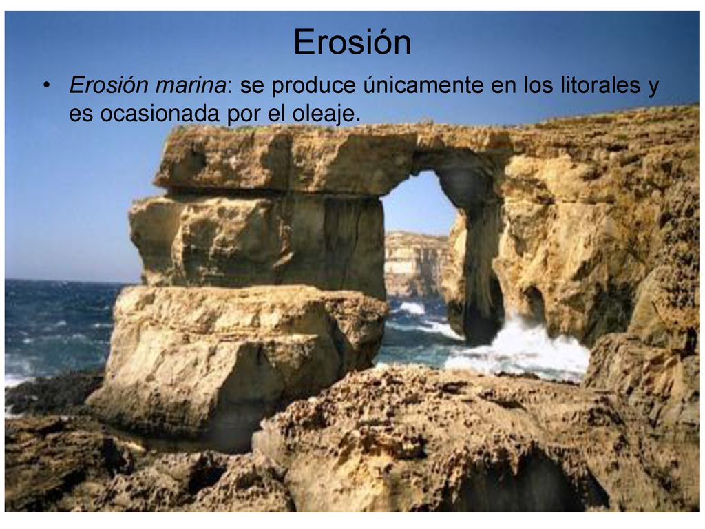 Erosión Erosión marina: se produce únicamente en los litorales y es ocasionada por el oleaje.