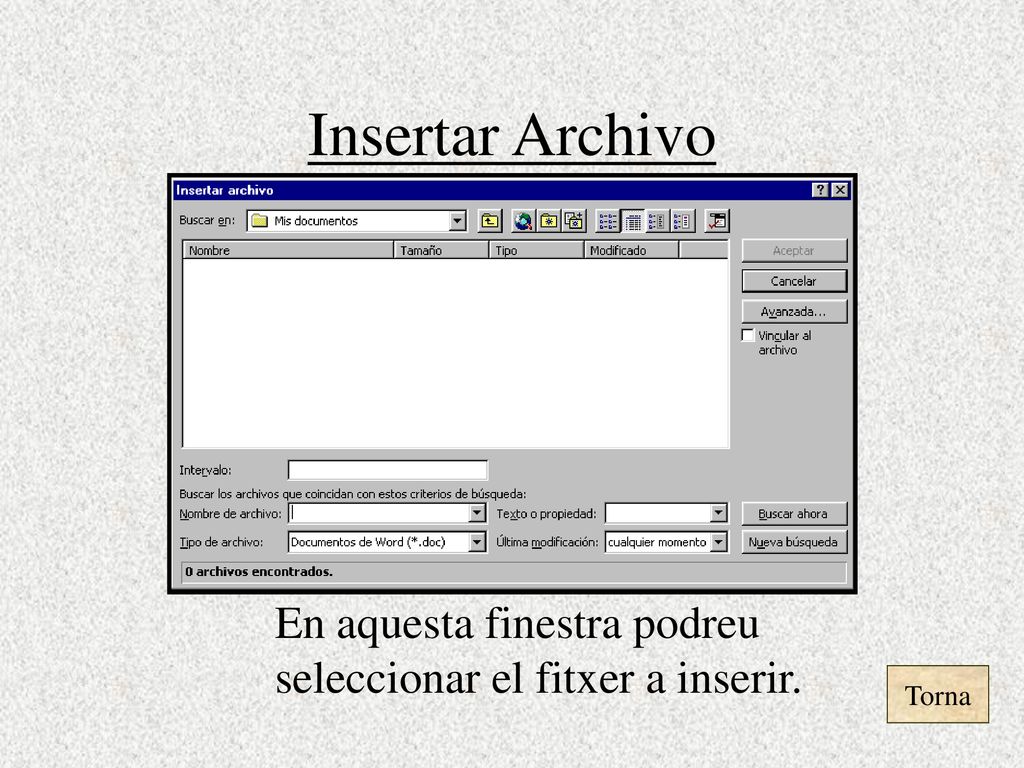 Insertar Archivo En aquesta finestra podreu seleccionar el fitxer a inserir. Torna