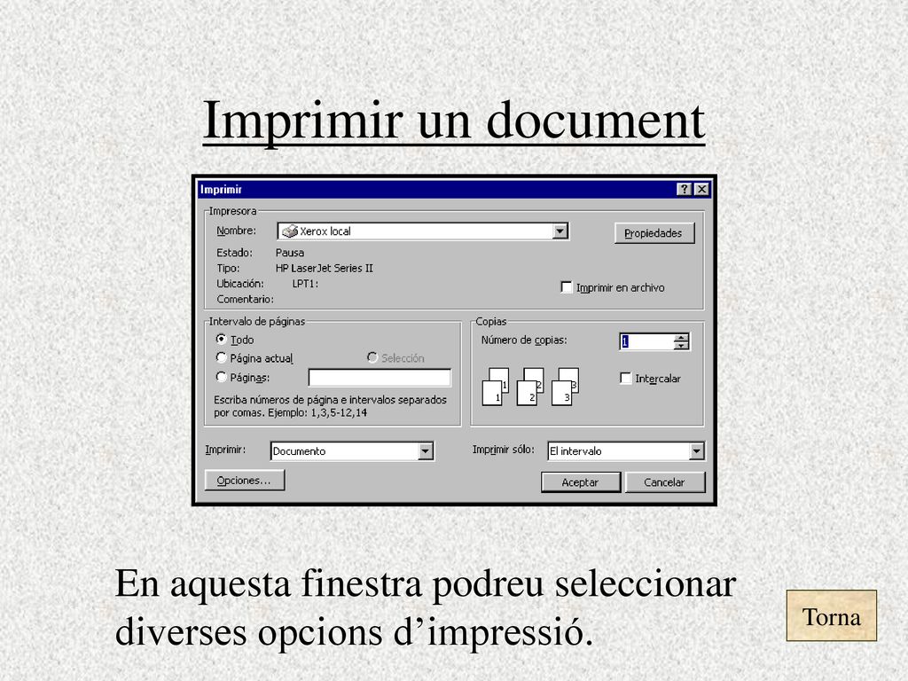 Imprimir un document En aquesta finestra podreu seleccionar diverses opcions d’impressió. Torna