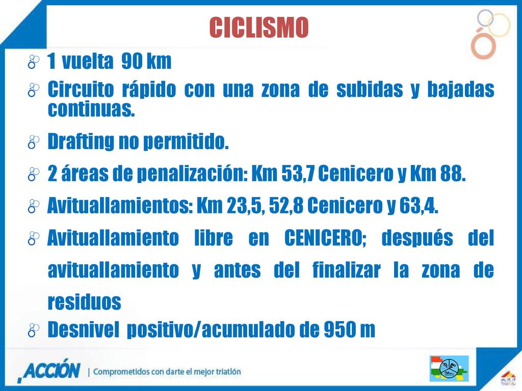 CICLISMO 1 vuelta 90 km. Circuito rápido con una zona de subidas y bajadas continuas. Drafting no permitido.