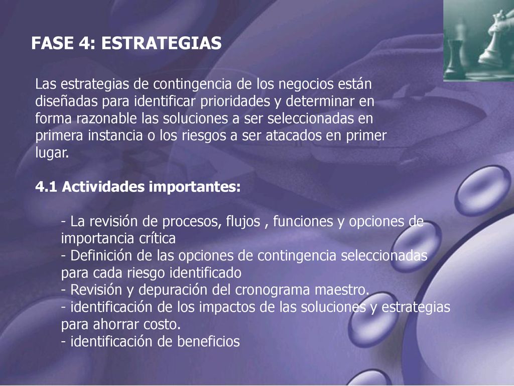 FASE 4: ESTRATEGIAS Las estrategias de contingencia de los negocios están. diseñadas para identificar prioridades y determinar en.