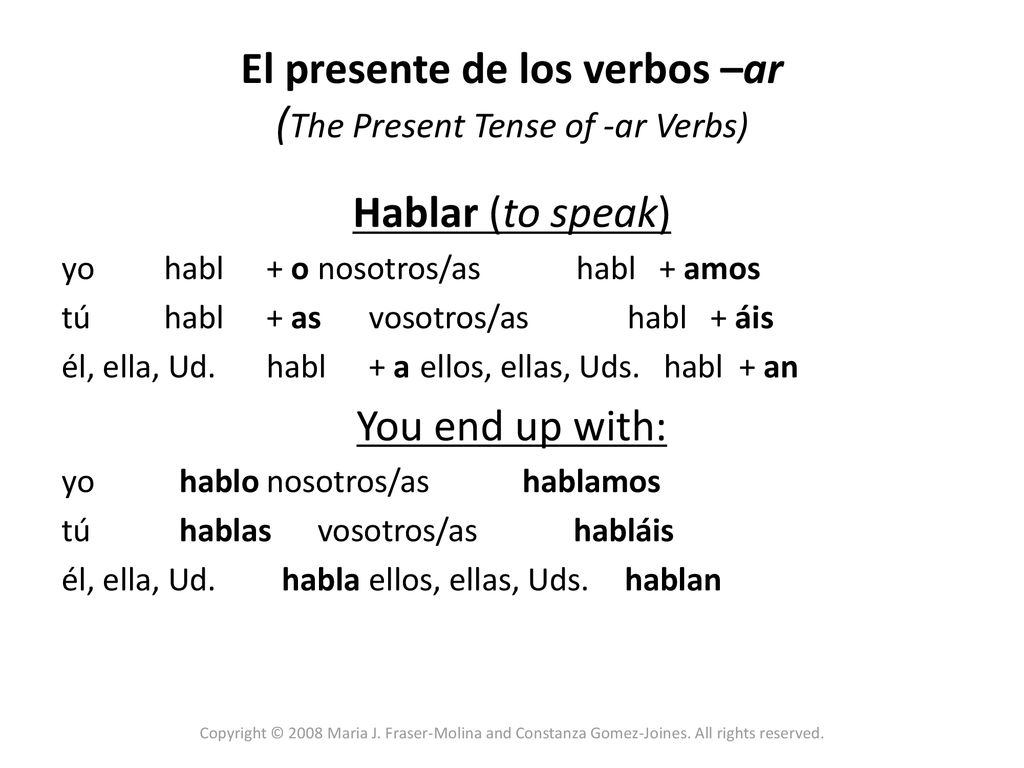 El presente de los verbos –ar (The Present Tense of -ar Verbs)