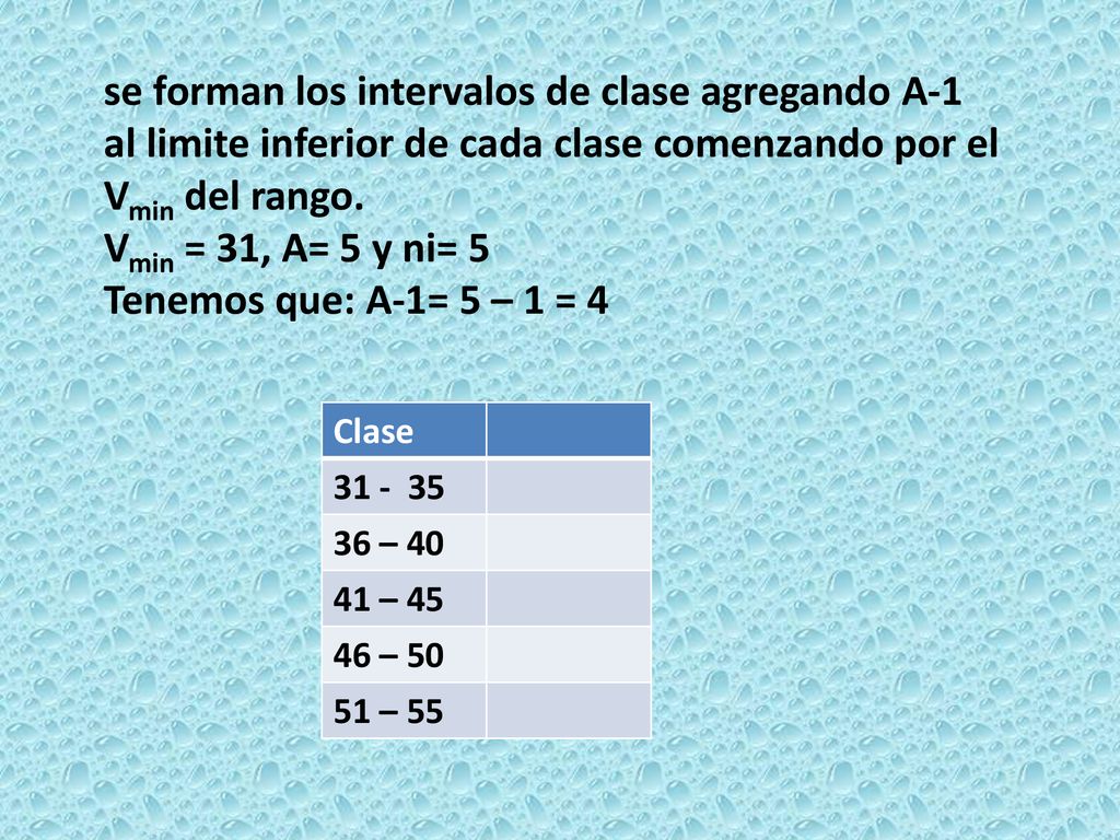 se forman los intervalos de clase agregando A-1 al limite inferior de cada clase comenzando por el Vmin del rango.