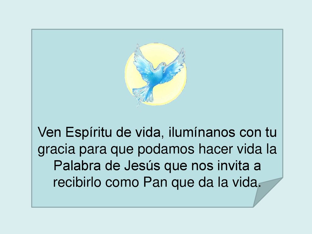 Ven Espíritu de vida, ilumínanos con tu gracia para que podamos hacer vida la Palabra de Jesús que nos invita a recibirlo como Pan que da la vida.