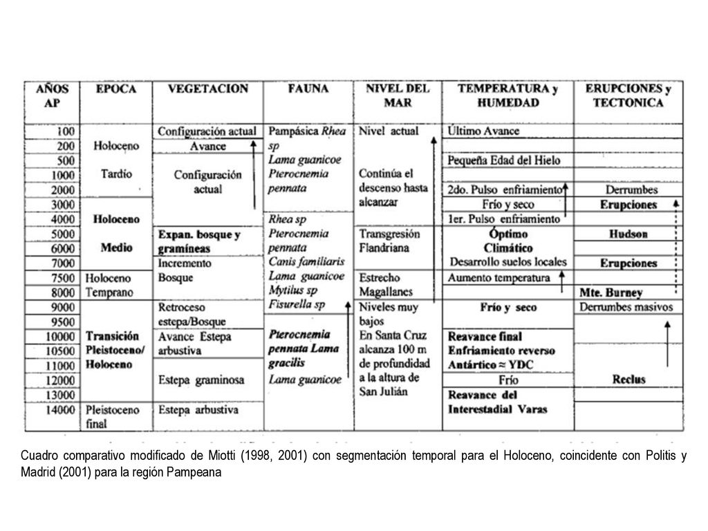 Cuadro comparativo modificado de Miotti (1998, 2001) con segmentación temporal para el Holoceno, coincidente con Politis y Madrid (2001) para la región Pampeana