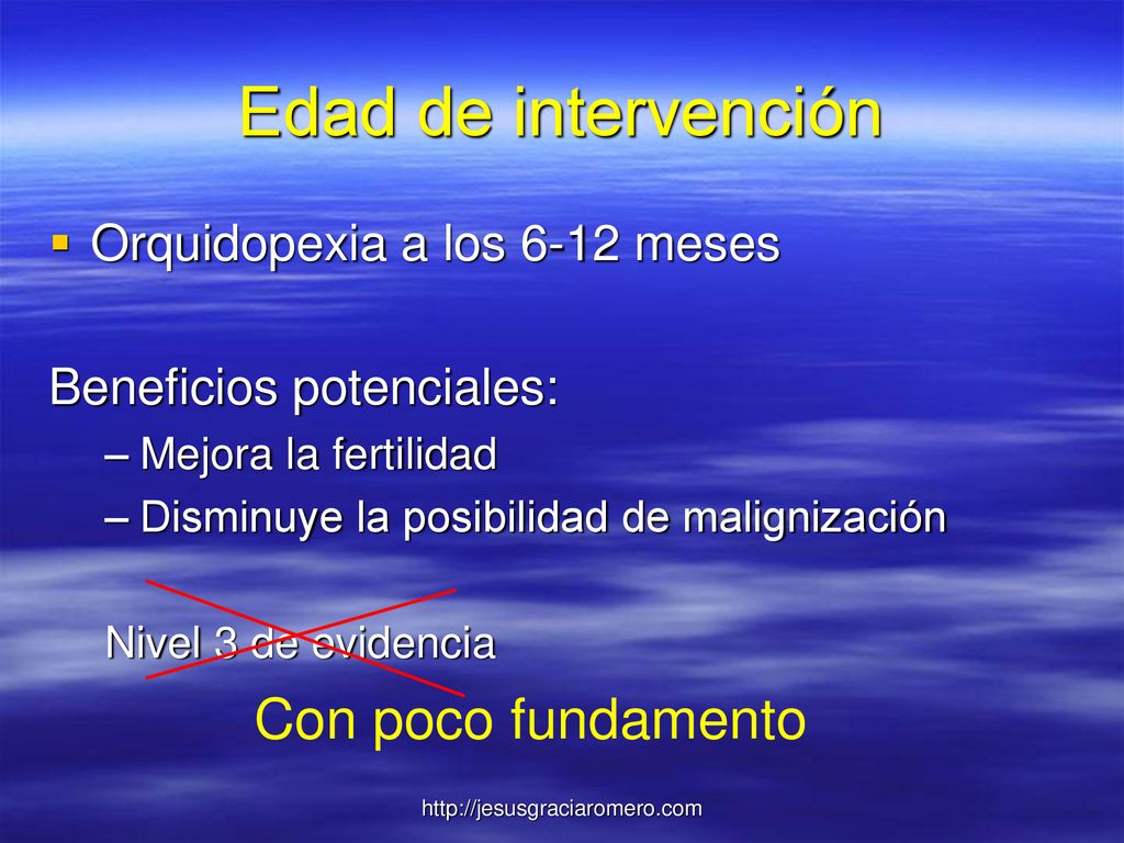 Edad de intervención Con poco fundamento Orquidopexia a los 6-12 meses