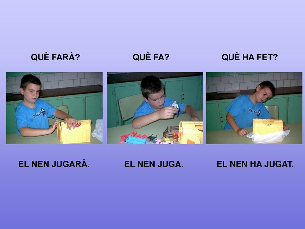 QUÈ FARÀ QUÈ FA QUÈ HA FET EL NEN JUGARÀ. EL NEN JUGA. EL NEN HA JUGAT.