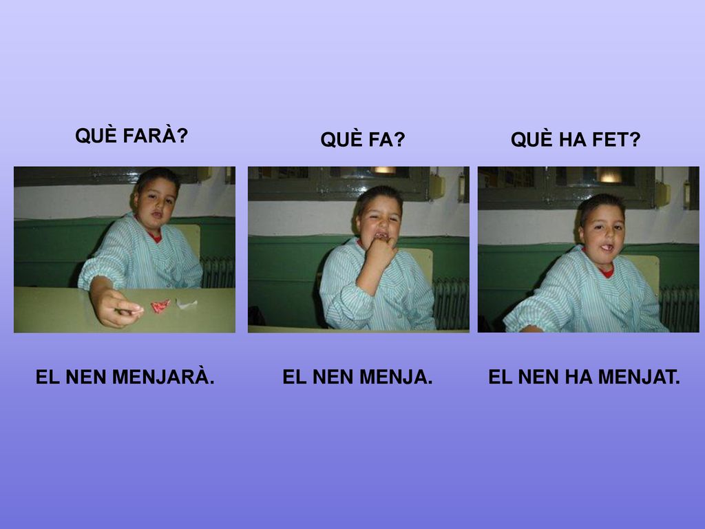 QUÈ FARÀ QUÈ FA QUÈ HA FET EL NEN MENJARÀ. EL NEN MENJA. EL NEN HA MENJAT.