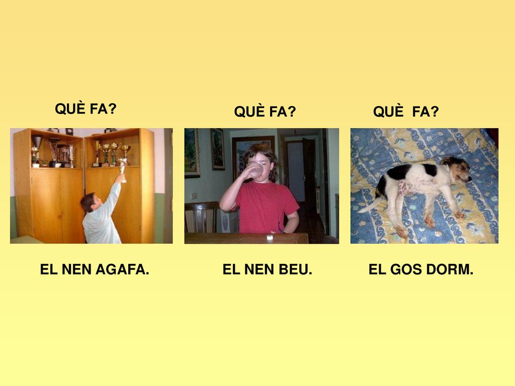 QUÈ FA QUÈ FA QUÈ FA EL NEN AGAFA. EL NEN BEU. EL GOS DORM.
