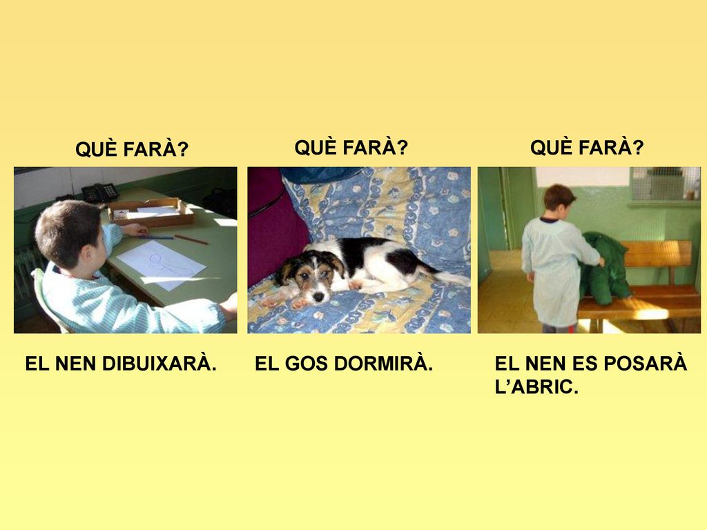 QUÈ FARÀ QUÈ FARÀ QUÈ FARÀ EL NEN DIBUIXARÀ. EL GOS DORMIRÀ. EL NEN ES POSARÀ L’ABRIC.