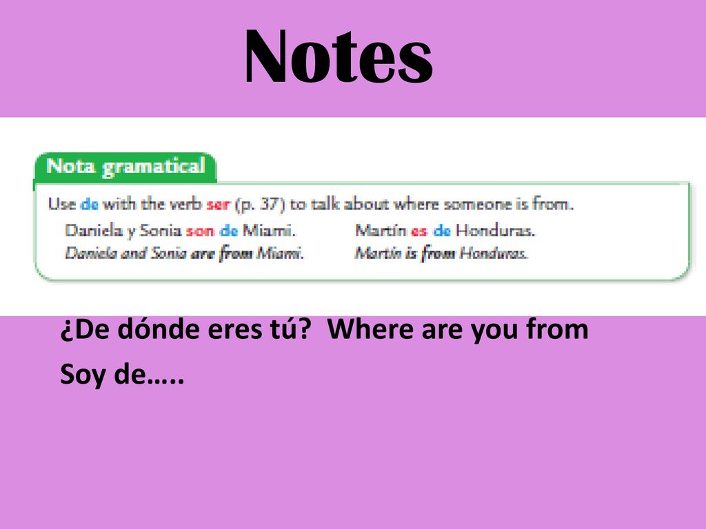 Notes ¿De dónde eres tú Where are you from Soy de…..