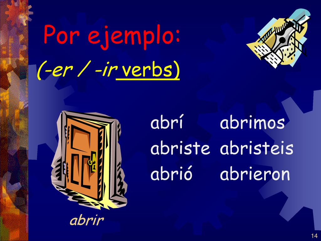 Por ejemplo: (-er / -ir verbs) abrí abriste abrió abrimos abristeis