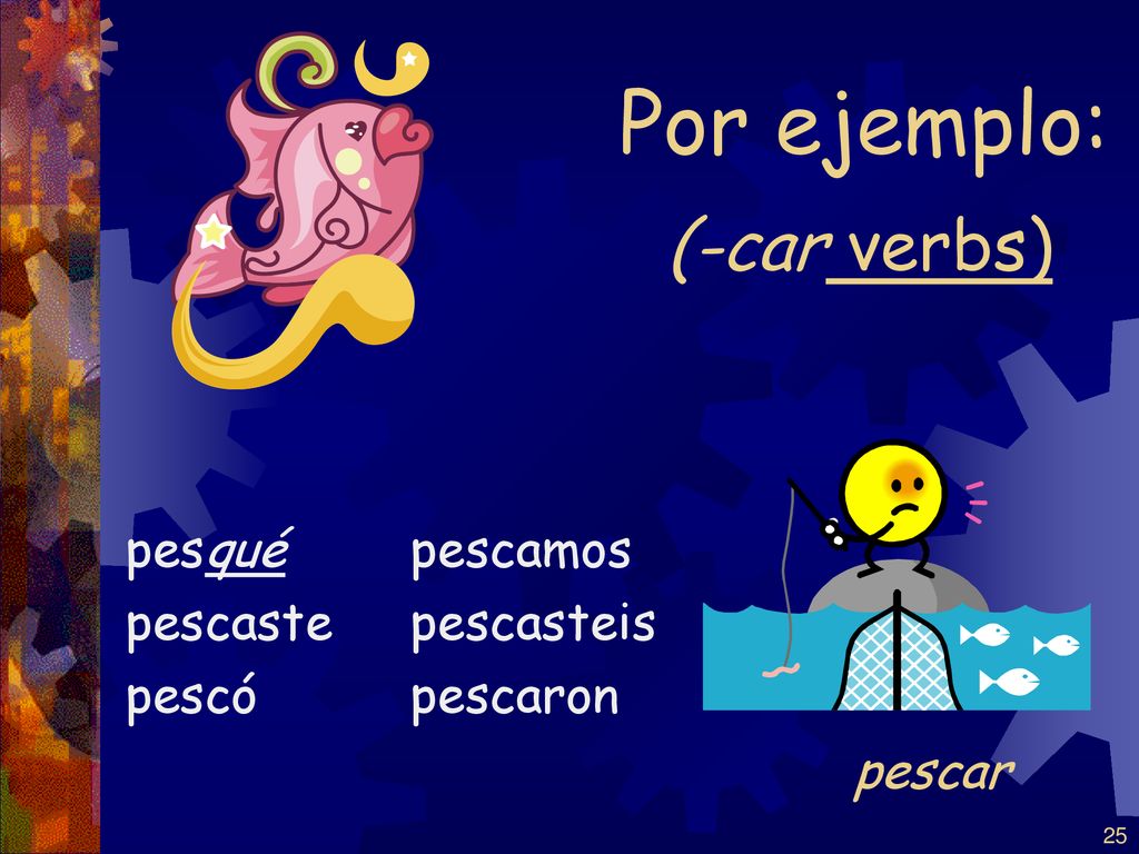 Por ejemplo: (-car verbs) pesqué pescaste pescó pescamos pescasteis