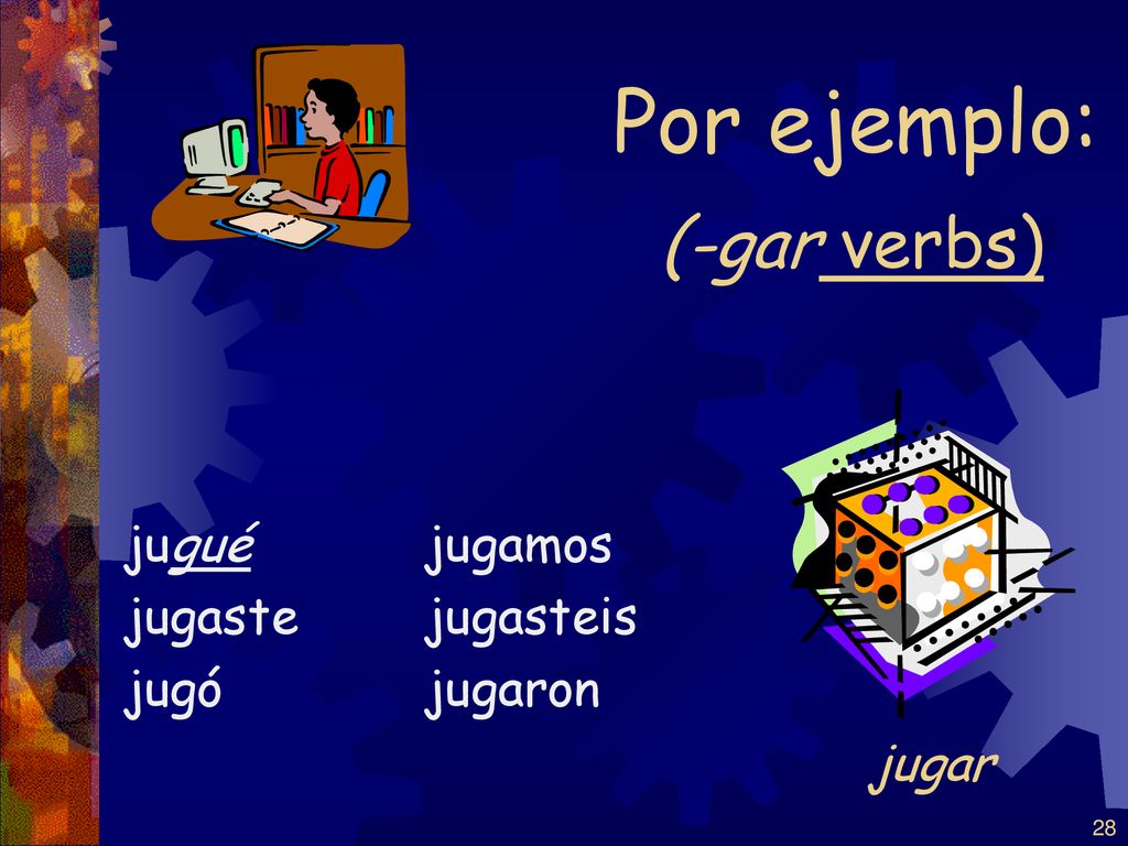 Por ejemplo: (-gar verbs) jugar jugué jugaste jugó jugamos jugasteis