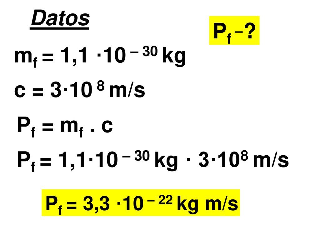 Datos Pf mf = 1,1 ·10 – 30 kg c = 3·10 8 m/s Pf = mf . c