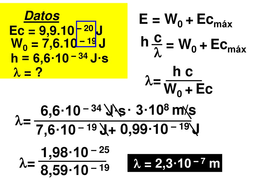 E = W0 + Ecmáx c h = W0 + Ecmáx  h c = W0 + Ec · 3·108 m/s