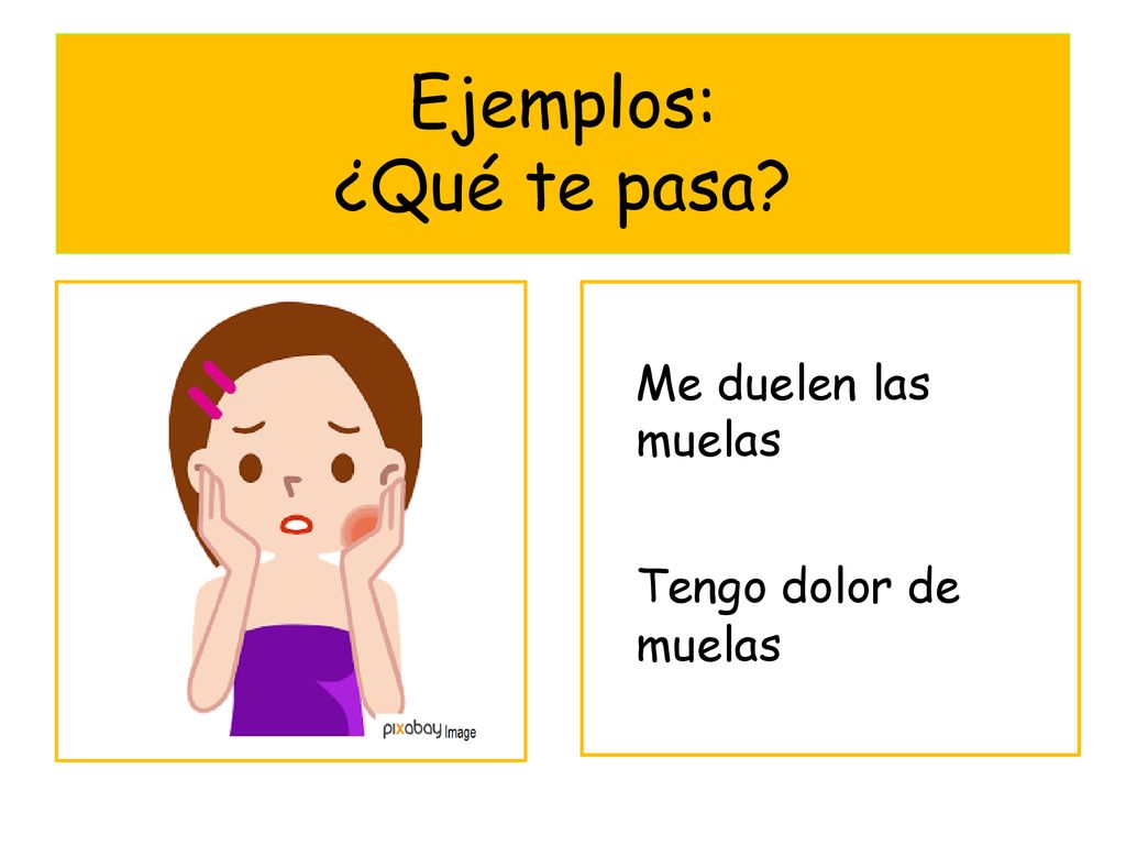 Ejemplos: ¿Qué te pasa Me duelen las muelas Tengo dolor de muelas