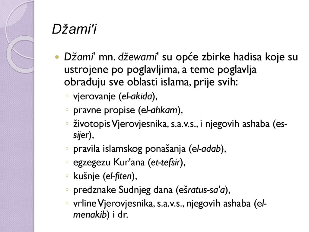 Džami i Džami mn. džewami su opće zbirke hadisa koje su ustrojene po poglavljima, a teme poglavlja obrađuju sve oblasti islama, prije svih: