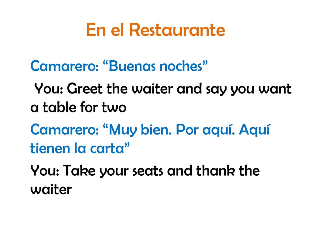 En el Restaurante Camarero: Buenas noches You: Greet the waiter and say you want a table for two.