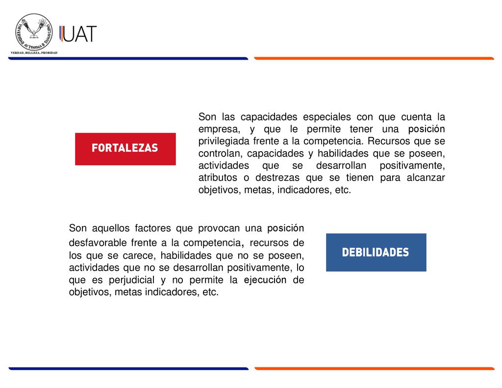 Son las capacidades especiales con que cuenta la empresa, y que le permite tener una posición privilegiada frente a la competencia. Recursos que se controlan, capacidades y habilidades que se poseen, actividades que se desarrollan positivamente, atributos o destrezas que se tienen para alcanzar objetivos, metas, indicadores, etc.