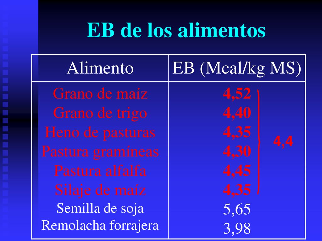 EB de los alimentos Alimento EB (Mcal/kg MS) Grano de maíz