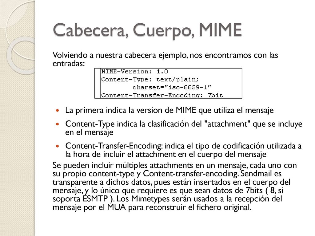 Cabecera, Cuerpo, MIME Volviendo a nuestra cabecera ejemplo, nos encontramos con las entradas: