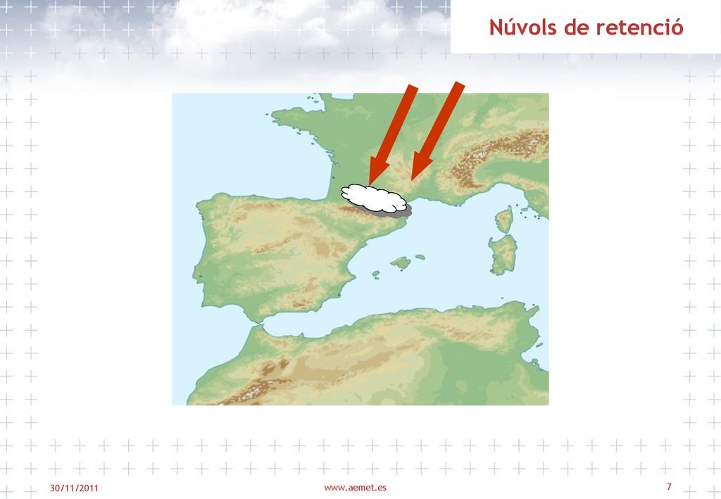 Núvols de retenció Sovint a la cara nord dels Pirineus amb flux de nord. Cara sud neta. Ben reflexada als parts meteorològics.
