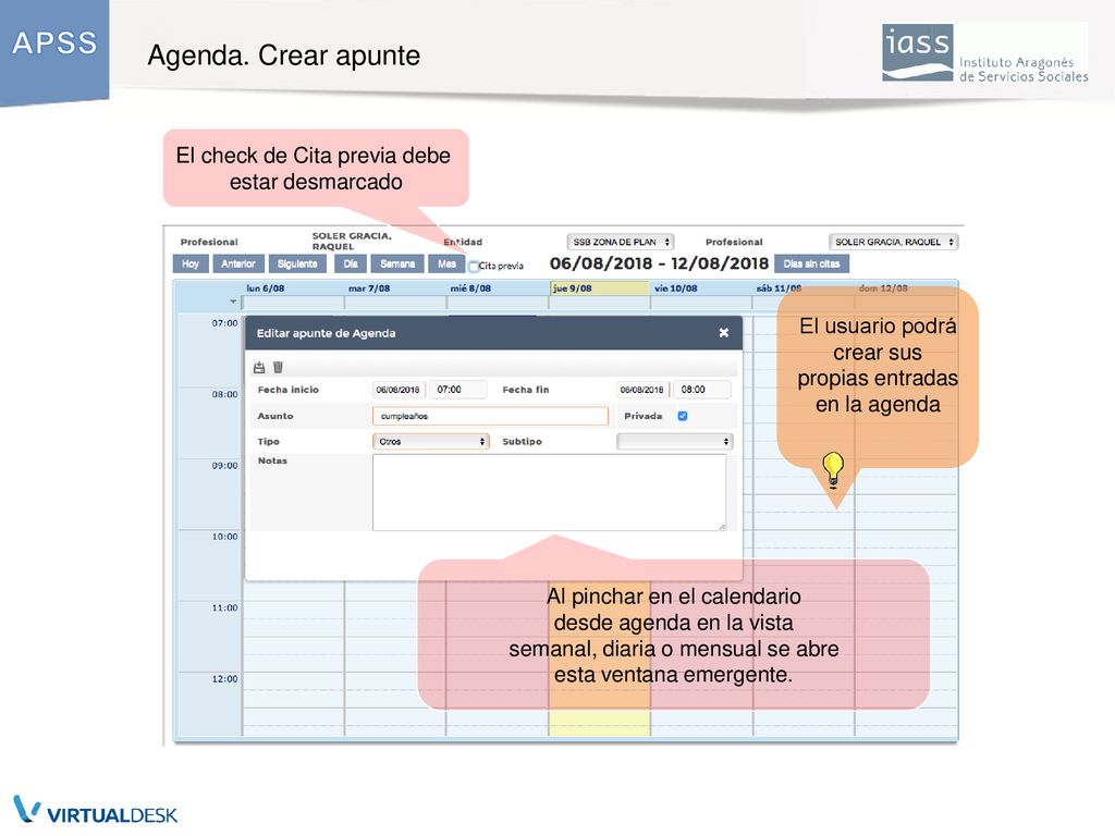 Agenda. Crear apunte El check de Cita previa debe estar desmarcado