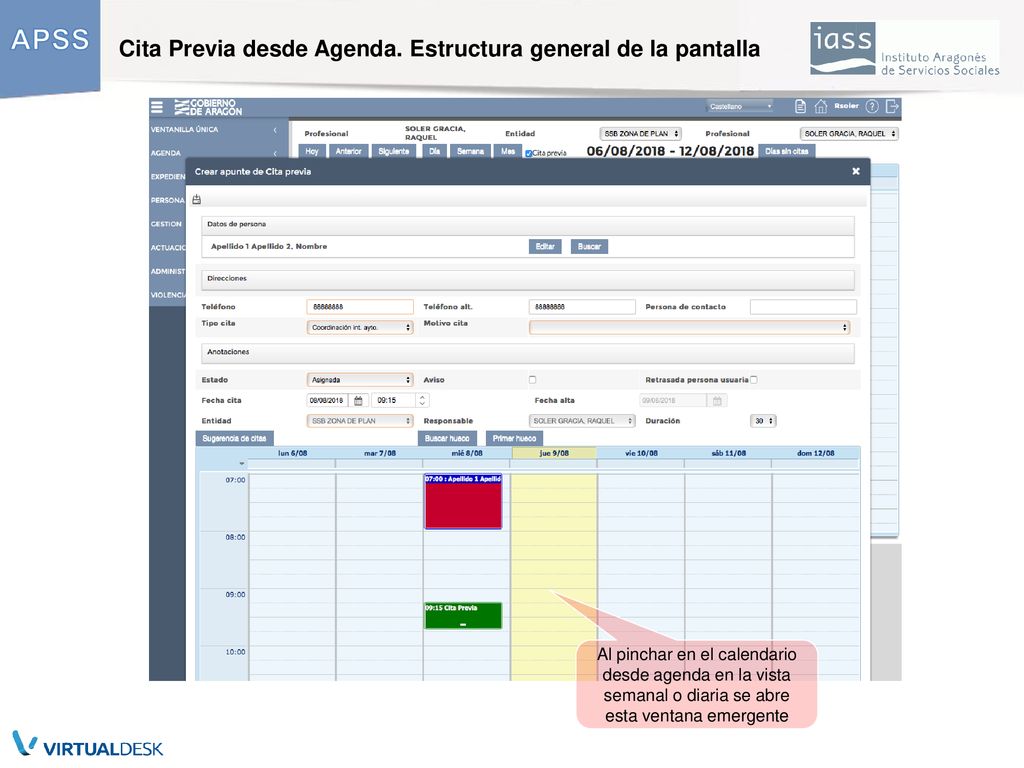 Cita Previa desde Agenda. Estructura general de la pantalla