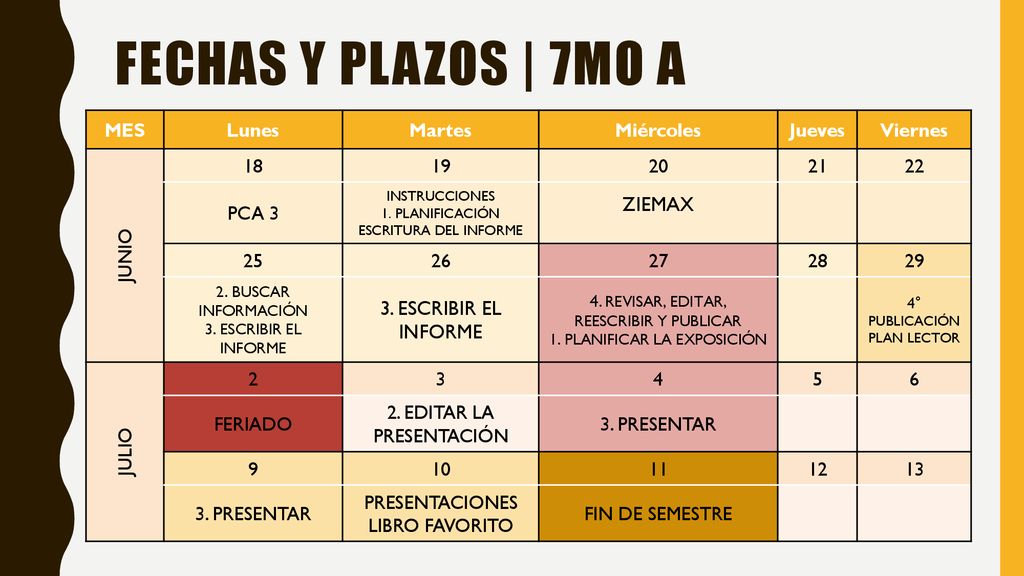 Fechas y plazos | 7mo A ZIEMAX MES Lunes Martes Miércoles Jueves