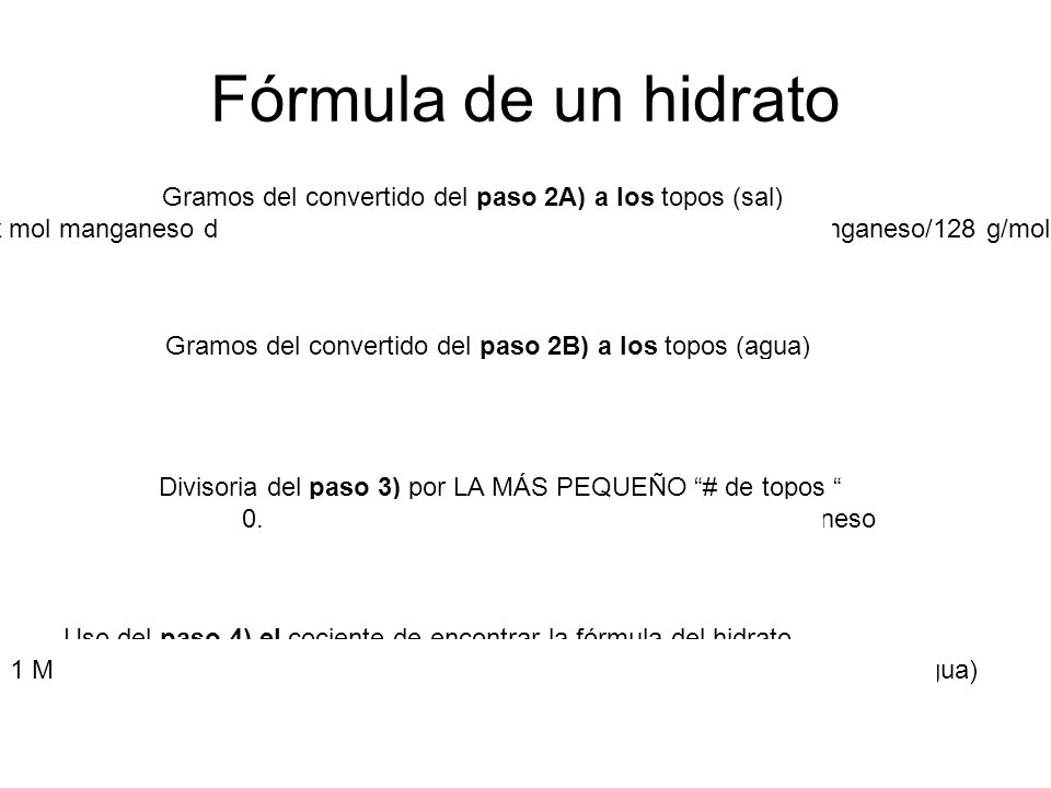 Fórmula de un hidrato Gramos del convertido del paso 2A) a los topos (sal)