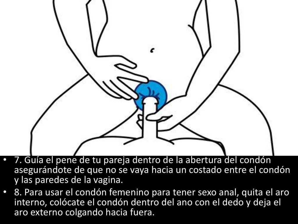 7. Guía el pene de tu pareja dentro de la abertura del condón asegurándote de que no se vaya hacia un costado entre el condón y las paredes de la vagina.