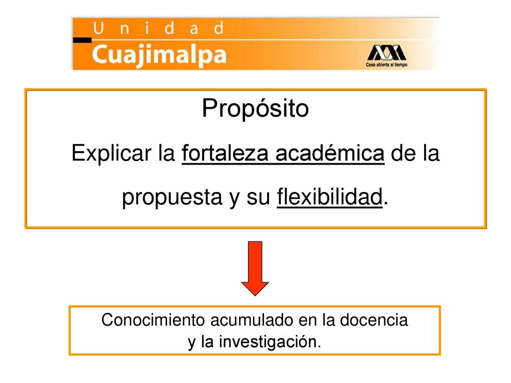 Propósito Explicar la fortaleza académica de la propuesta y su flexibilidad. Conocimiento acumulado en la docencia.