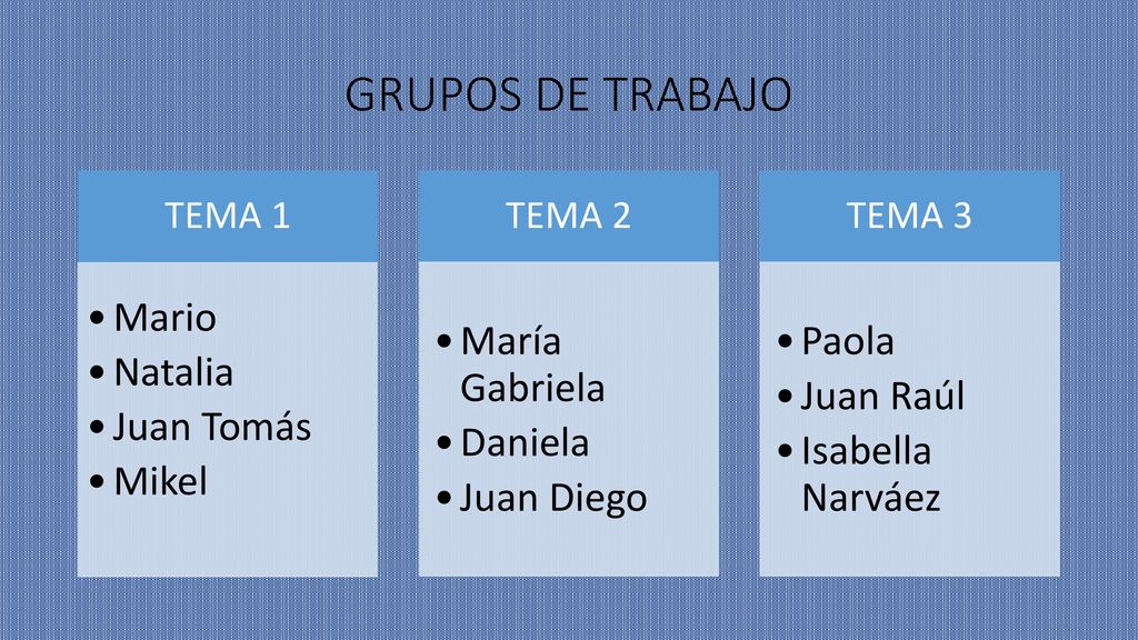 GRUPOS DE TRABAJO Mario Natalia Juan Tomás Mikel María Gabriela