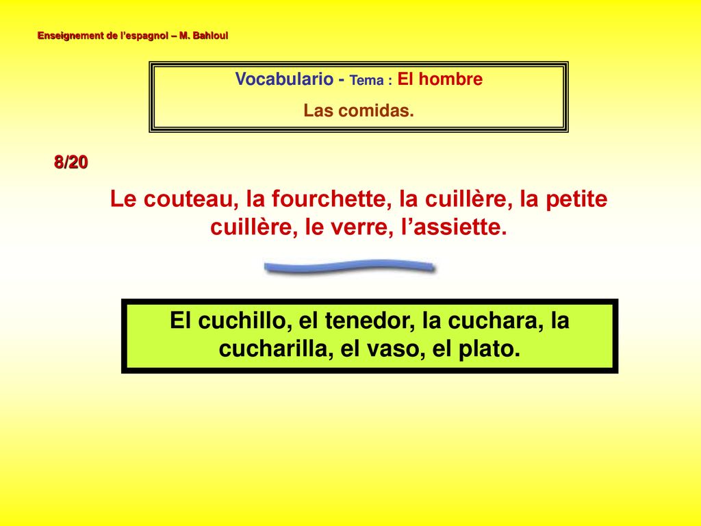 El cuchillo, el tenedor, la cuchara, la cucharilla, el vaso, el plato.