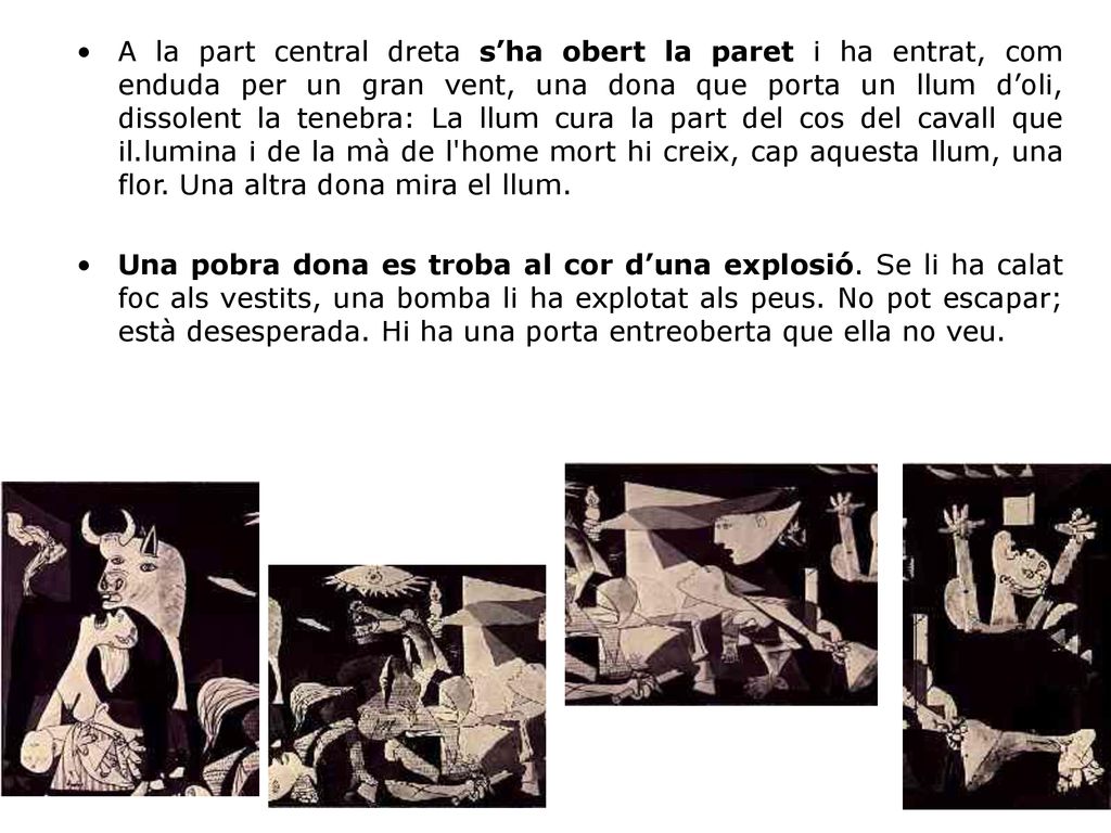 A la part central dreta s’ha obert la paret i ha entrat, com enduda per un gran vent, una dona que porta un llum d’oli, dissolent la tenebra: La llum cura la part del cos del cavall que il.lumina i de la mà de l home mort hi creix, cap aquesta llum, una flor. Una altra dona mira el llum.