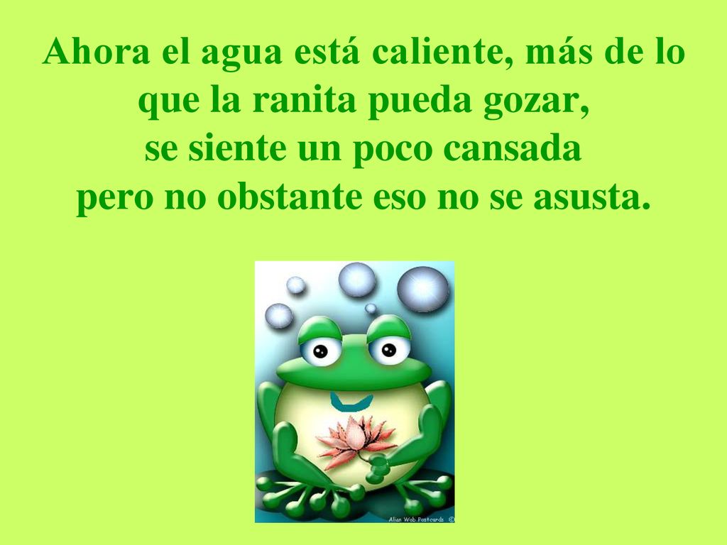 Ahora el agua está caliente, más de lo que la ranita pueda gozar, se siente un poco cansada pero no obstante eso no se asusta.